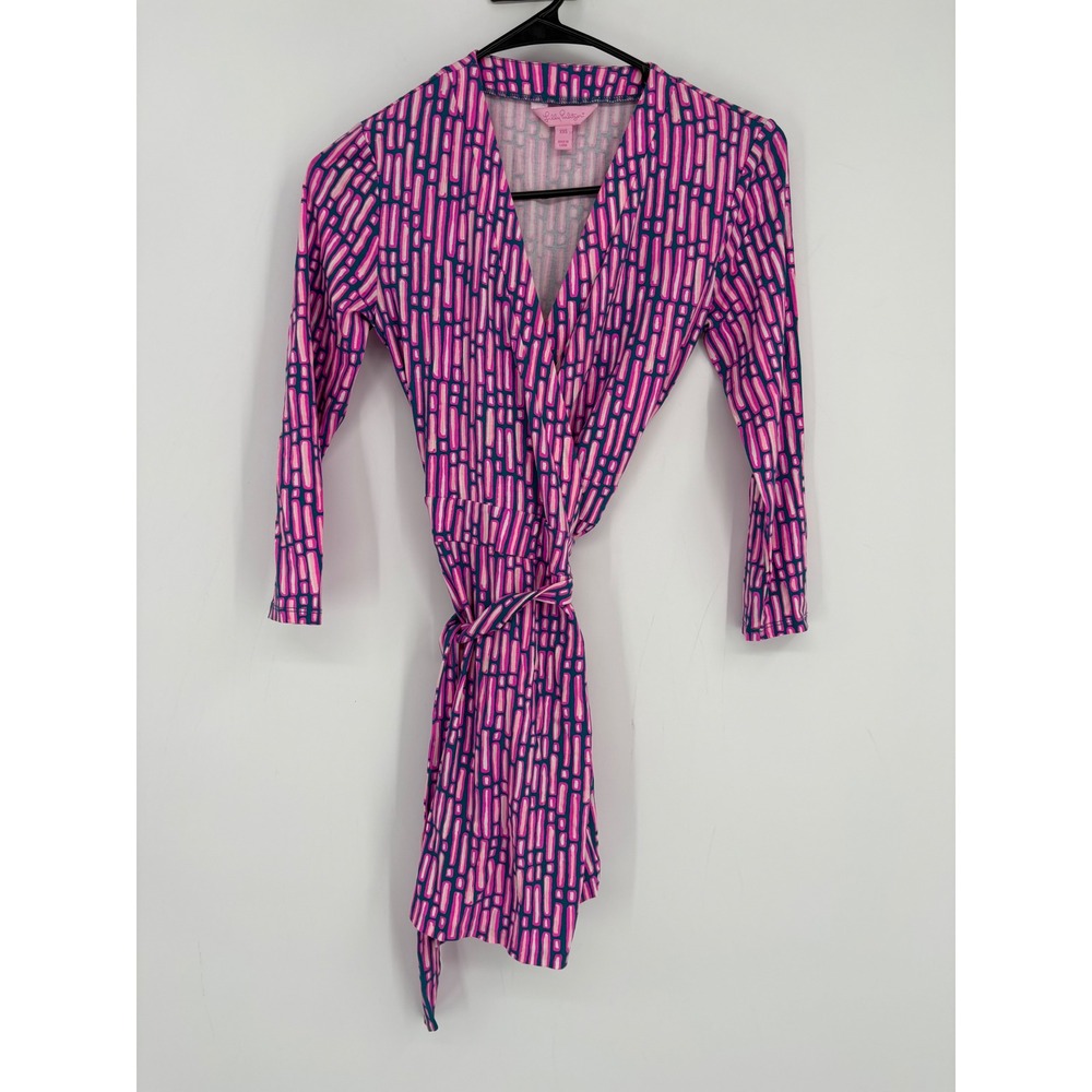 Lilly Pulitzer Romper Womens XXS Pink Geometric Print Wrap Style 3/4 Sleeve